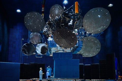All of Star One D2’s reflectors are deployed as it undergoes testing in the Compact Antenna Test Range at Maxar’s manufacturing facility in Palo Alto, California. Image credit: Maxar.